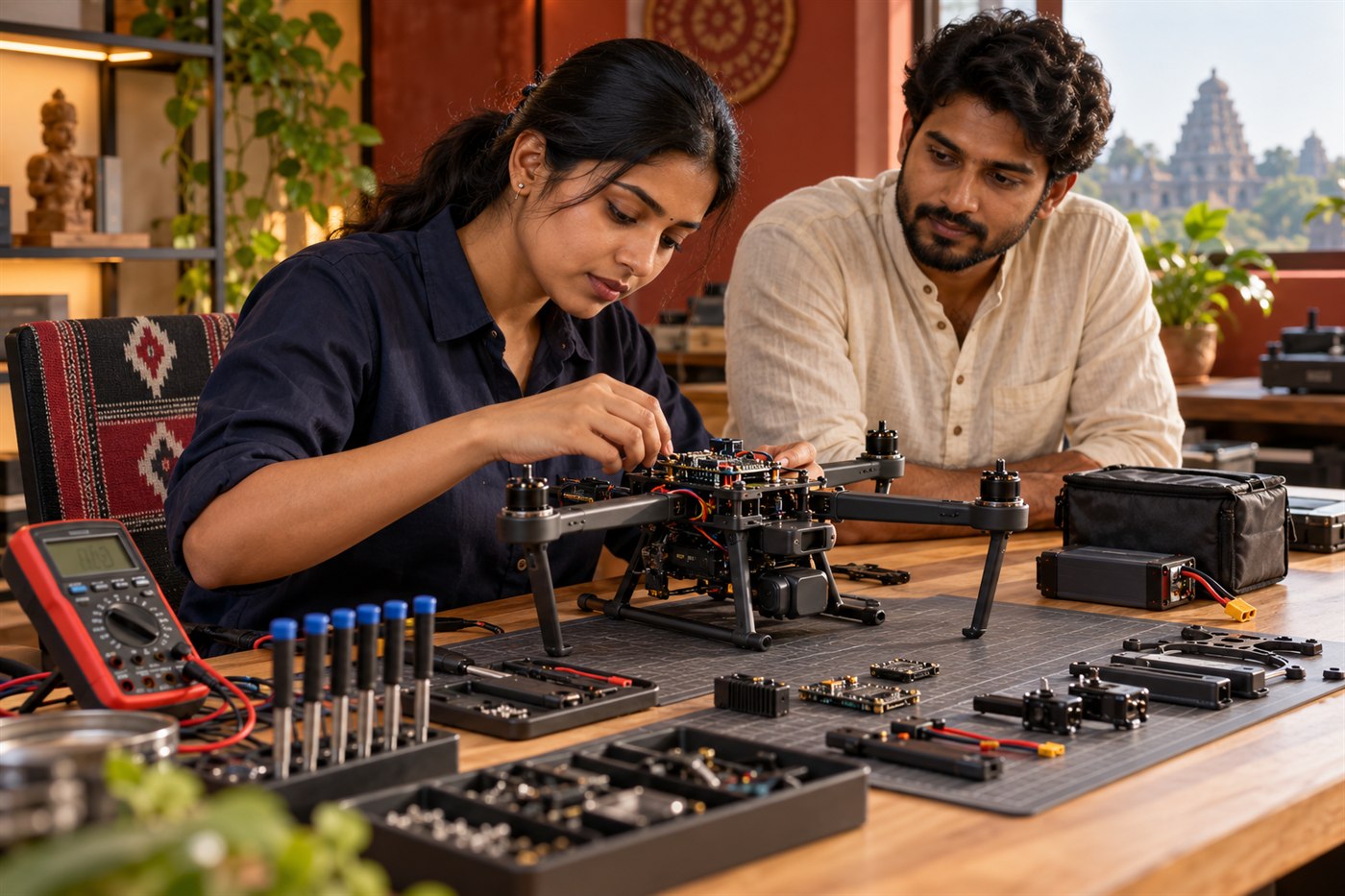 Illustrative scene of technicians inspecting an unpowered drone at a workbench